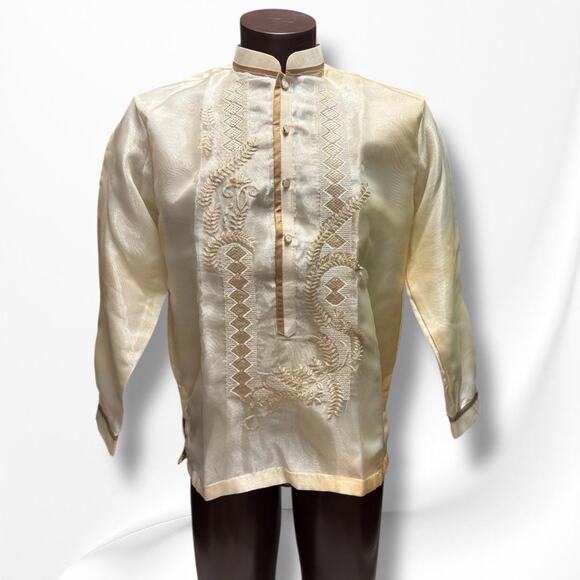 Embroidered Beige Silk Barong Tagalog Filipino Shirt Mens Formal L XL - Picture 1 of 8